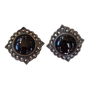 Judith Jack Vintage Black Onyx Marcasite Sterling Silver Clip Earrings
